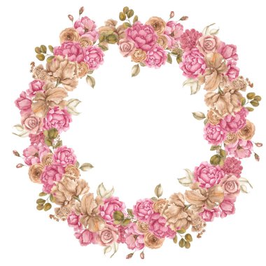 Sonbahar çiçekli suluboya çelenk, beyaz arka planda izole.