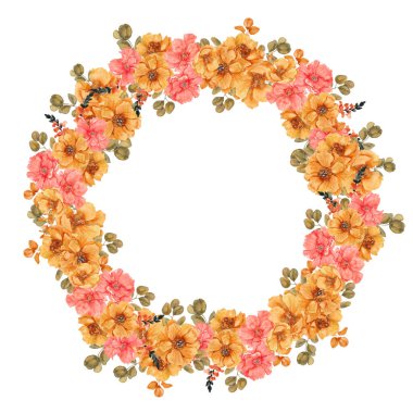 Sonbahar çiçekli suluboya çelenk, beyaz arka planda izole.