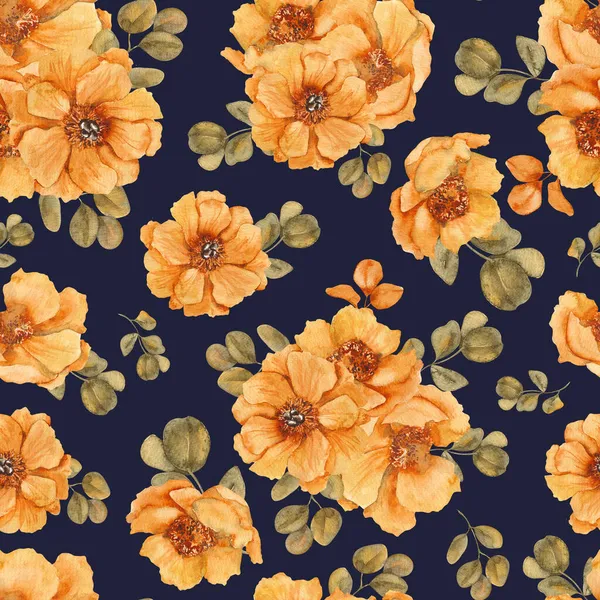 Nahtloses Muster Mit Aquarellierten Herbstblumen Und Blättern Herbst Illustration Isoliert — Stockfoto