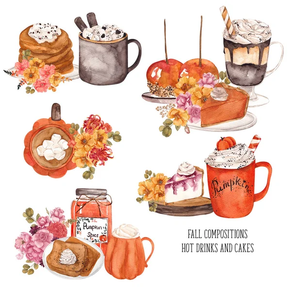 水彩画 秋天的热饮料 巧克力 茶南瓜拿铁 蛋糕和面包店 与白色背景隔离 — 图库照片