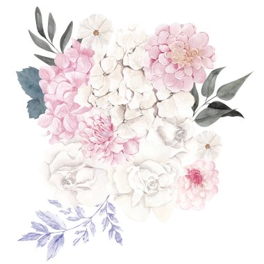 Beyaz arka planda izole edilmiş, kış pastel çiçekleriyle suluboya çizimi