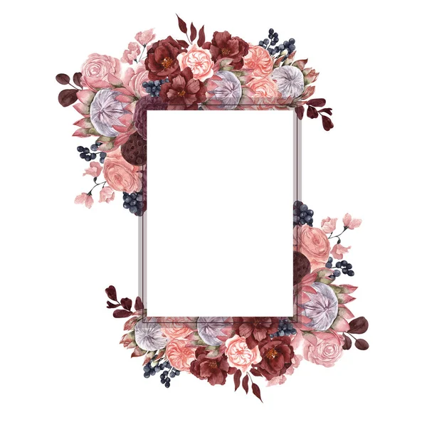 Watercolor Fall illustration. Autumn frame with flowers, leaves and berries, isolated on white background