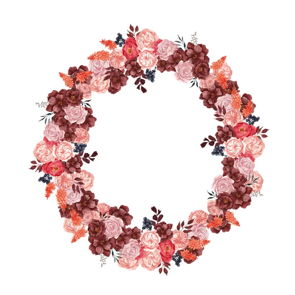 Watercolor wreath with burgundy flowers and fall leaves, isolated on white background