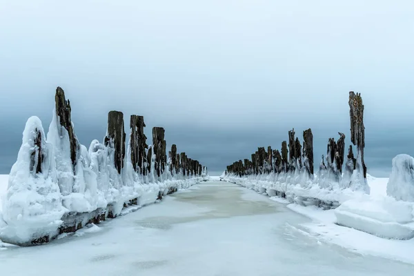 Staré Dřevěné Molo Naučné Stezky Kupskalnu Lotyšsku Baltského Moře Během — Stock fotografie