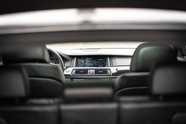Modern car interior wide view with the leather panel, dashboard