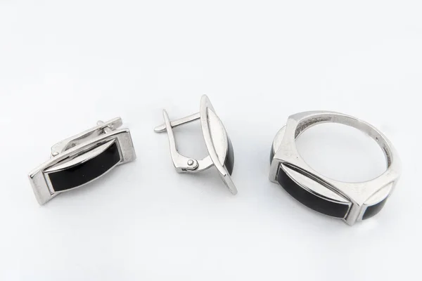 Ezüst Ékszer Készlet Gyűrű Ezüst Fülbevaló Kövek Fehér Háttér Ezüst — Stock Fotó
