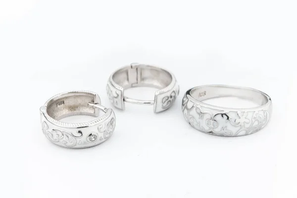 Silberschmuckkollektion Mit Kristallen Minimalistischen Stil Silber Set Ohrringe Silberhalskette — Stockfoto