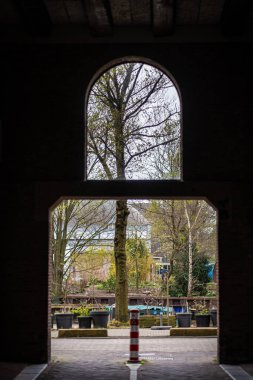 Manzara ve binaların manzarası. Antik binalar, mimari dekorasyonlar, taş duvarlar ve kemerler, pencereler ve kapılar. Amsterdam sokaklarında, halka açık yerlerde.