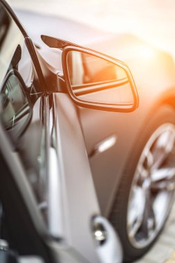 Car interior. Front handle door panel. Car open door window buttons