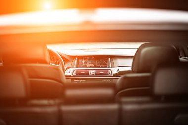 Modern car interior wide view with the leather panel, dashboard
