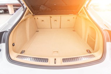 Araç içi lüks. Bej konforlu koltuklar, direksiyon, gösterge paneli, iklim kontrolü, hız göstergesi, ekran, ahşap süsleme ışığı