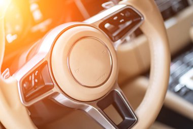 multimedia control panel on the steering wheel of modern car