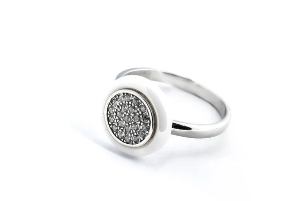 Ασημένιο Διαμαντένιο Δαχτυλίδι Απομονωμένο Λευκό Φόντο Ασημένιο Δαχτυλίδι Μόδας Κοσμήματα — Φωτογραφία Αρχείου