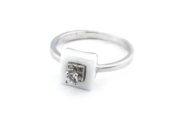 Argent Minimalisme Bague Diamant Isolé Fond Blanc — Photo