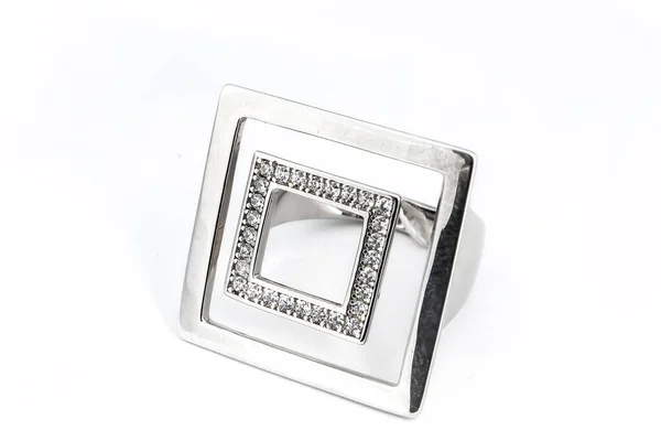 Silber Minimalismus Diamantring Isoliert Weißen Hintergrund — Stockfoto