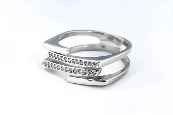 Zilver Minimalisme Diamanten Ring Geïsoleerde Witte Achtergrond — Stockfoto