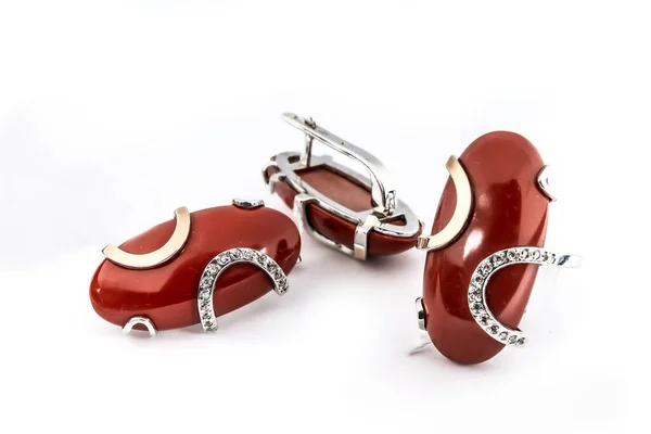 Elegant Jewelry Set White Gold Ring Necklace Earrings Diamonds Silver — Stock Photo, Image
