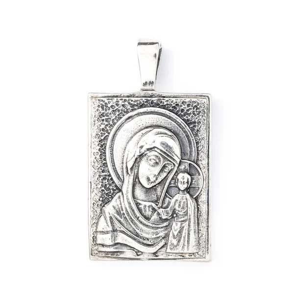 Pingente Ouro Com Símbolo Cristão Virgem Maria Isolado Branco — Fotografia de Stock