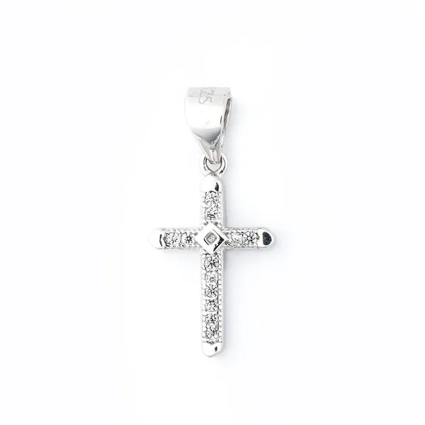 Крест Бриллиантовый Кулон Ожерелье Белом Фоне — стоковое фото