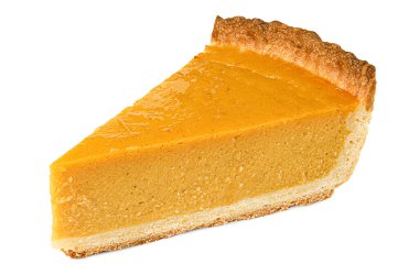 İzole edilmiş beyaz arkaplanda bir dilim balkabağı turtası