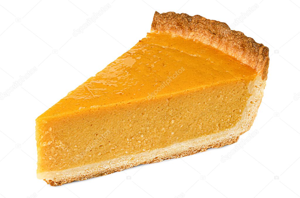 one slice of pumpkin pie on isolated white background