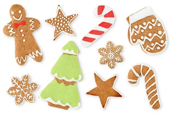 Decorati Biscotti Pan Zenzero Natale Sfondo Bianco Isolato — Foto Stock