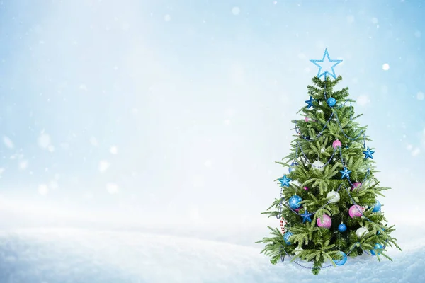 Weihnachtsbaum Steht Schnee Winter Weihnachtshintergrund — Stockfoto