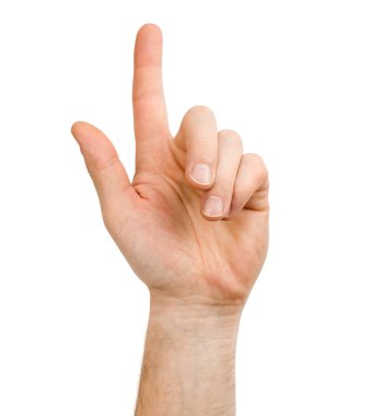 Erkek eli beyaz arka planda izole edilmiş işaret parmağıyla işaret ediyor