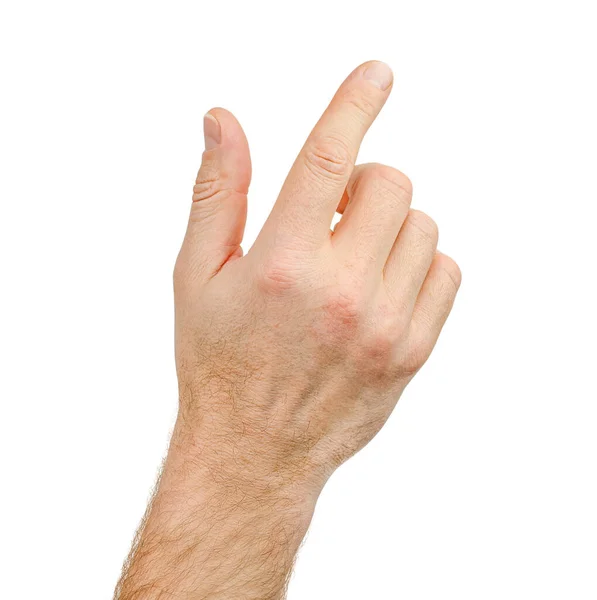 Αρσενικό Χέρι Πιέζει Δείχνει Κάτι Απομονώνονται Λευκό Φόντο — Φωτογραφία Αρχείου
