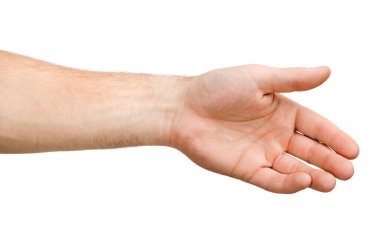 Uzatılmış erkek eli beyaz arka planda izole edilmiş.