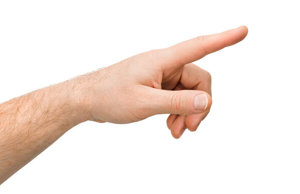 male hand showing index finger to the side, isolated on white background