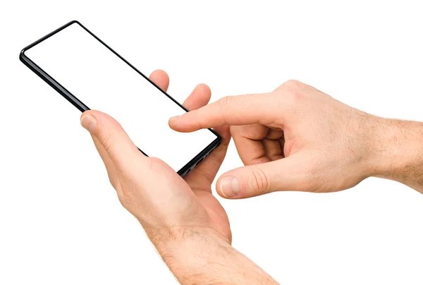 Männliche Hände Verwenden Telefon Auf Weißem Isolierten Hintergrund — Stockfoto