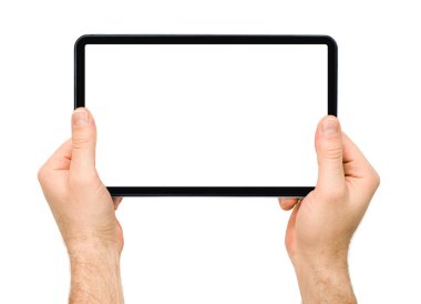 İzole edilmiş beyaz arkaplanda dijital tablet tutan erkek elleri
