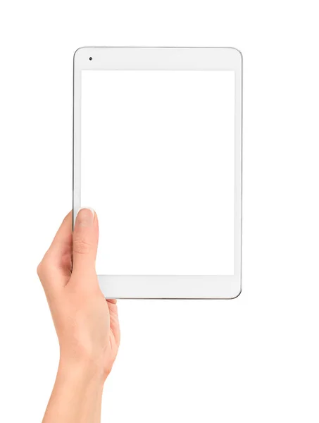 Digitale Tablet Vrouwelijke Hand Witte Geïsoleerde Achtergrond — Stockfoto