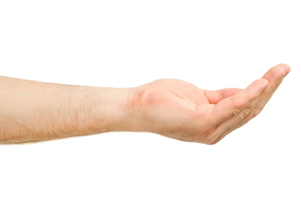 Männliche Hand Hält Etwas Der Handfläche Auf Weißem Isolierten Hintergrund — Stockfoto