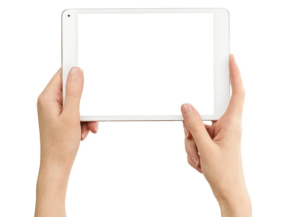 Mani Femminili Che Tengono Tablet Computer Sfondo Bianco Isolato — Foto Stock