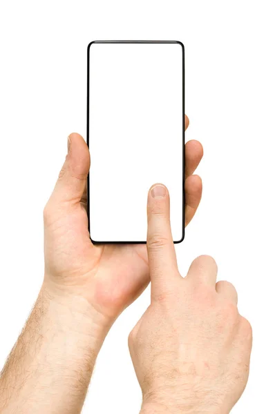 Mãos Masculinas Pressione Smartphone Tela Sensível Toque Fundo Branco Isolado — Fotografia de Stock