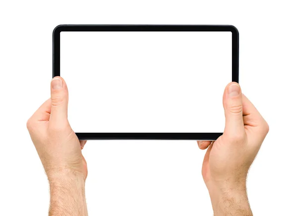 Mannelijke Handen Met Digitale Tablet Geïsoleerde Witte Achtergrond — Stockfoto