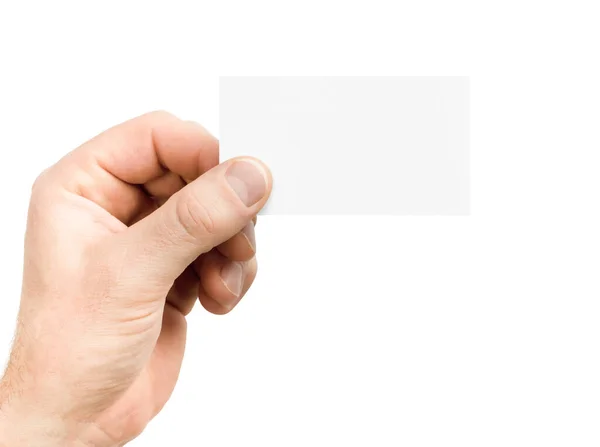Mężczyzna Ręka Trzyma Wizytówkę Białym Odizolowanym Tle — Zdjęcie stockowe