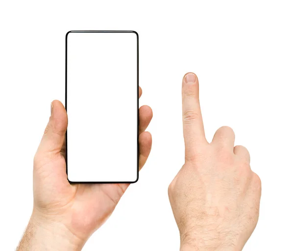 Smartphone Hand Hand Met Wijsvinger Witte Geïsoleerde Achtergrond — Stockfoto