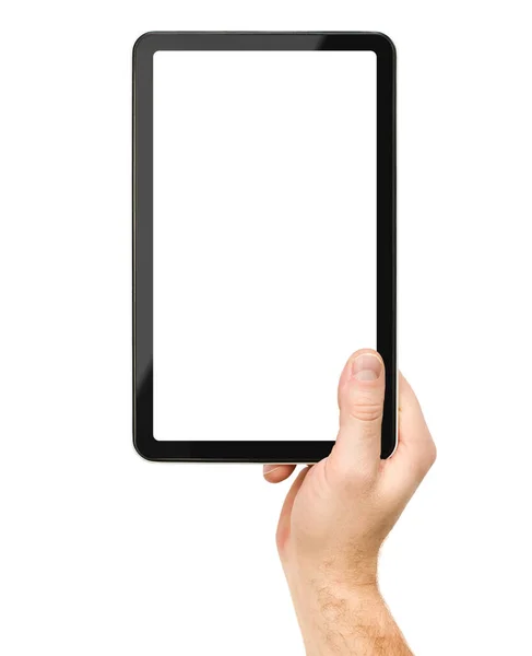 Mannelijke Hand Met Digitale Tablet Een Witte Geïsoleerde Achtergrond — Stockfoto