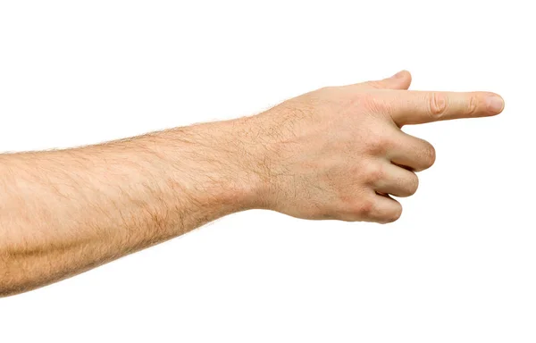 Male Outstretched Hand Pointing Something Index Finger Isolated White Background — Stockfoto