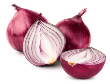 two whole and two cut halves of a red onion on a white isolated background