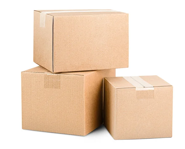 Three Cardboard Boxes White Isolated Background — Photo