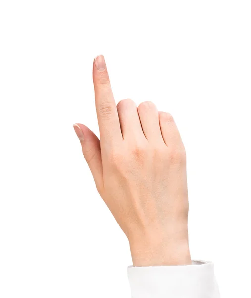 Γυναικείο Χέρι Λευκό Πουκάμισο Σημεία Δείκτη Κάτι Απομονώνονται Λευκό Φόντο — Φωτογραφία Αρχείου
