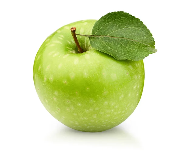 one green apple with leaf on white isolated background