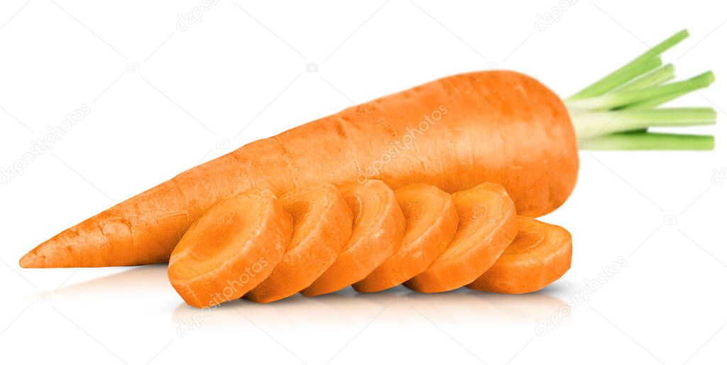 whole and sliced carrots on white isolated background
