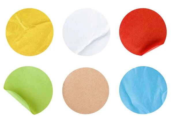 Seis Pegatinas Redondas Multicolores Sobre Fondo Blanco Aislado —  Fotos de Stock