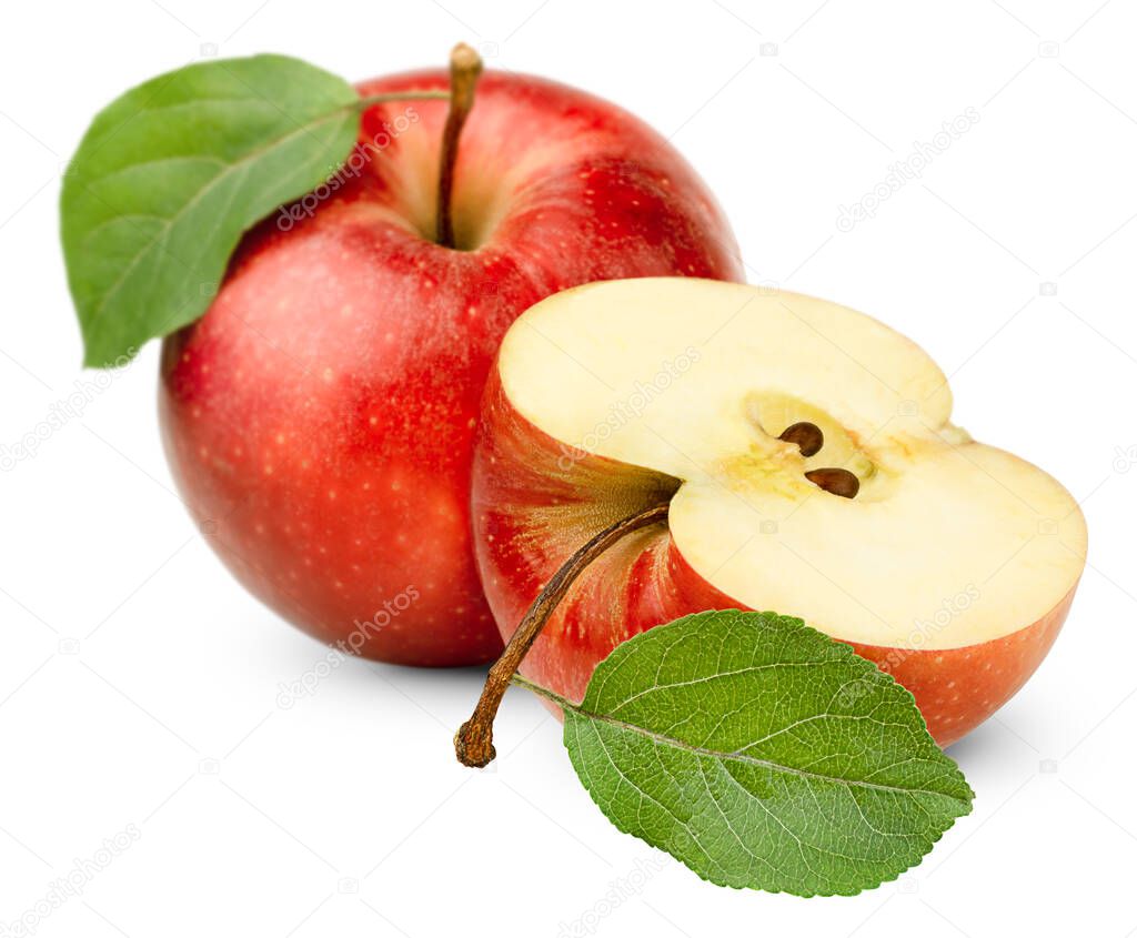 one whole red apple and half on a white isolated background
