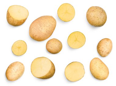 İzole edilmiş beyaz arka planda tam ve yarım patates.